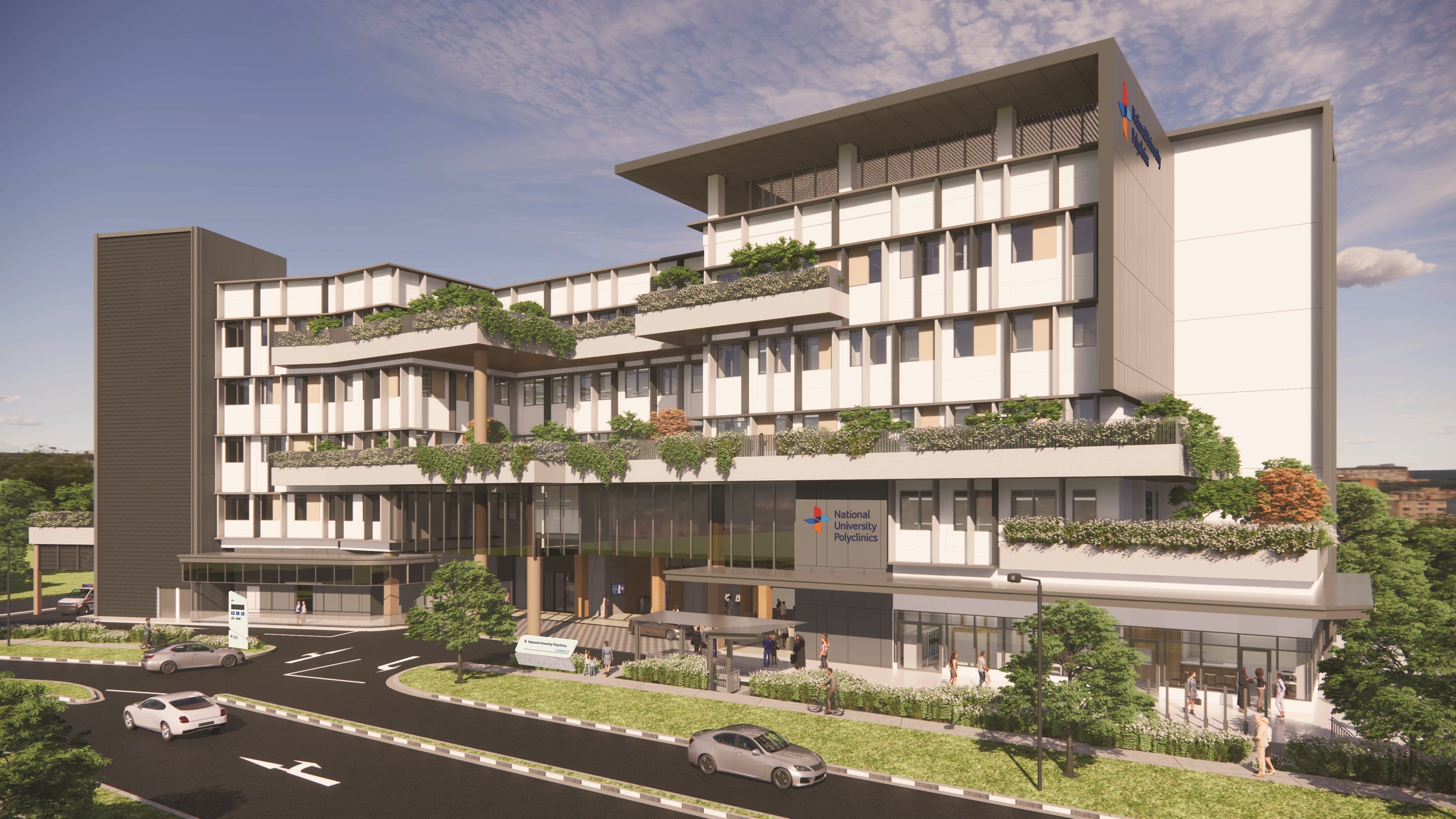 Architectural rendering of National University Polyclinics, a multi-story building with greenery and a modern design.